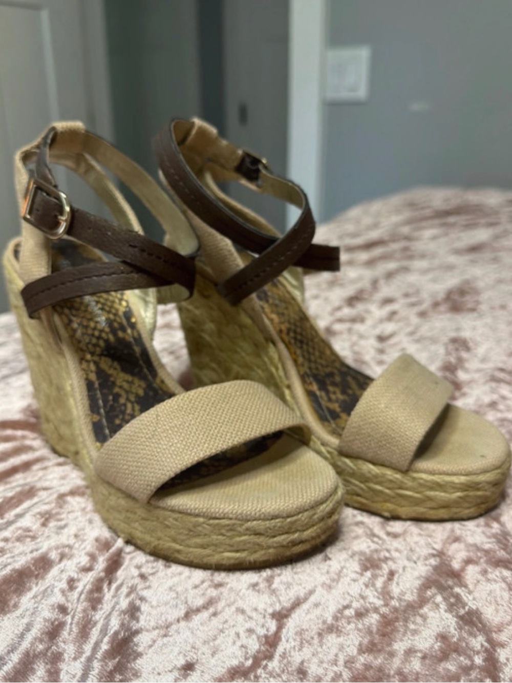 BCBGeneration Beige Canvas Espadrille Wedges with Brown Ankle Straps